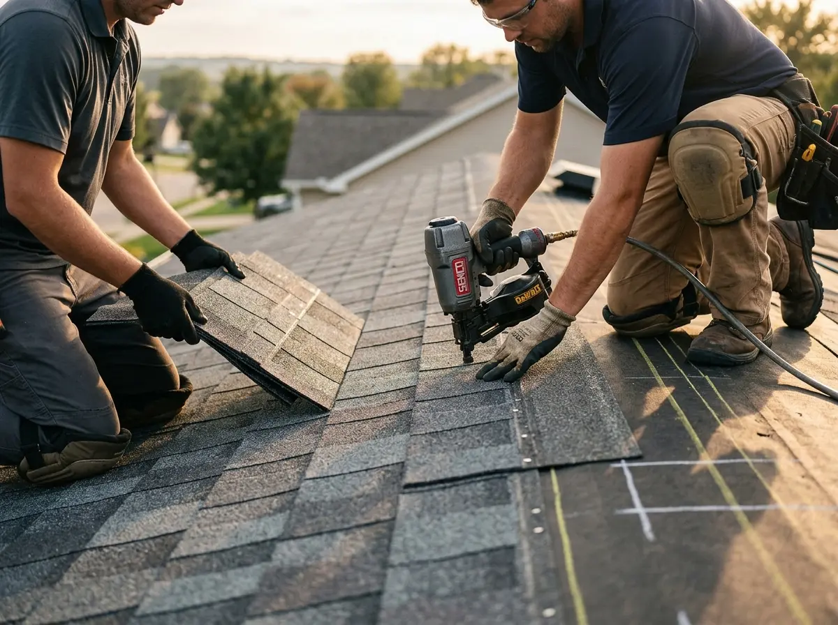 Professional roofer working on a residential roof in Matawan